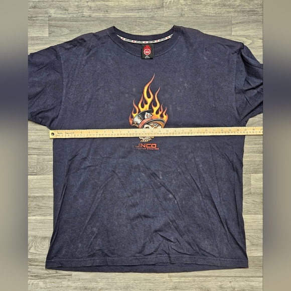 Vintage 90s Y2K Jnco Jeans Rare Flaming Ace Skull Head Navy Blue T-shirt XXL - Picture 7 of 9